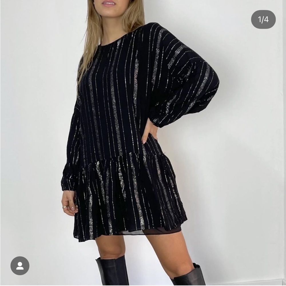 Zara black and silver striped drop waist long sleeve dress
